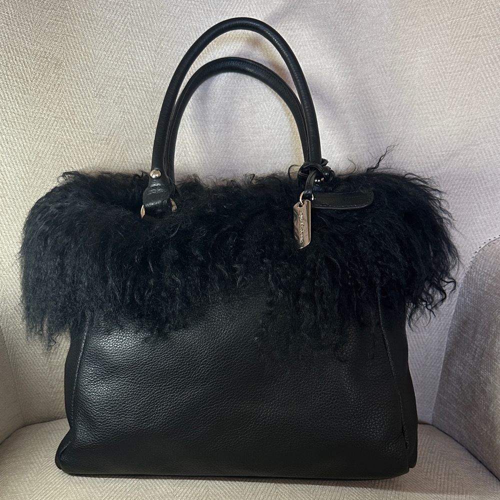 Aqua Madonna Elegant Black Satchel with Plush Fur Trim